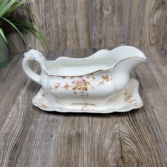 Antique Henry Alcock Gravy Boat Under Plate, Brown Transferware, Semi-Porcelain - Picture 3 of 5